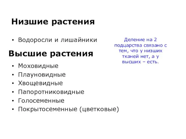 Низшие растения Водоросли и лишайники Моховидные Плауновидные Хвощевидные Папоротниковидные Голосеменные Покрытосеменные