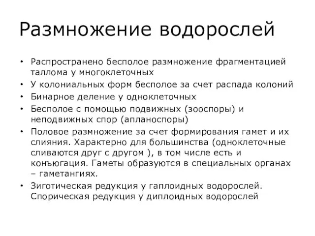 Размножение водорослей Распространено бесполое размножение фрагментацией таллома у многоклеточных У колониальных