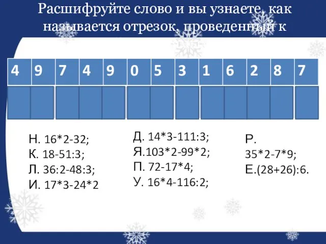 Расшифруйте слово и вы узнаете, как называется отрезок, проведенный к прямой