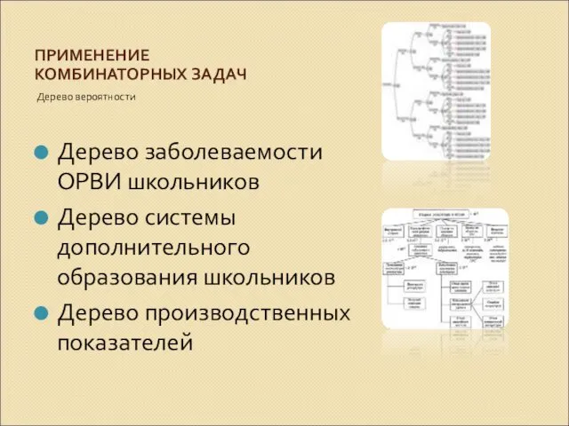 ПРИМЕНЕНИЕ КОМБИНАТОРНЫХ ЗАДАЧ Дерево вероятности Дерево заболеваемости ОРВИ школьников Дерево системы