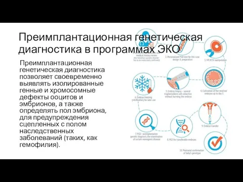 Преимплантационная генетическая диагностика в программах ЭКО Преимплантационная генетическая диагностика позволяет своевременно