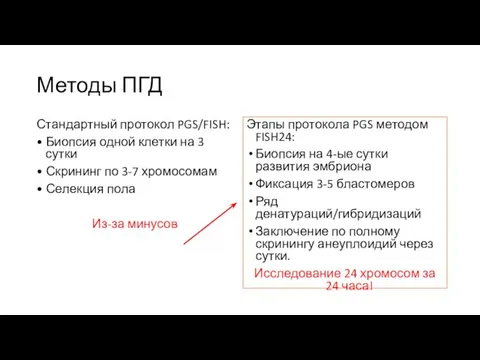 Методы ПГД Стандартный протокол PGS/FISH: • Биопсия одной клетки на 3