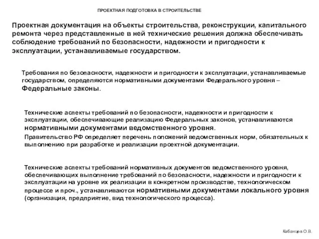 ПРОЕКТНАЯ ПОДГОТОВКА В СТРОИТЕЛЬСТВЕ Кабанцев О.В. Проектная документация на объекты строительства,