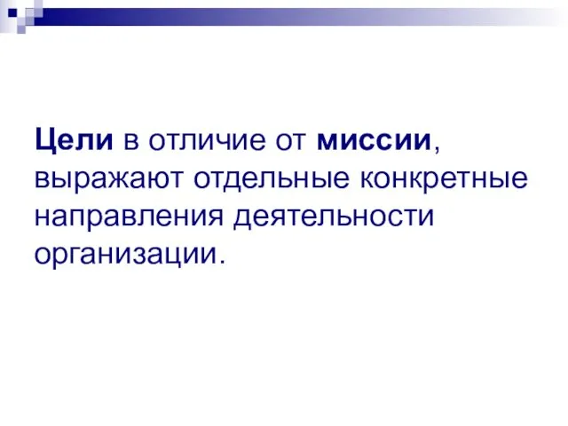 Цели в отличие от миссии, выражают отдельные конкретные направления деятельности организации.