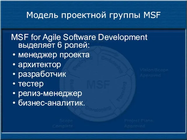 Модель проектной группы MSF MSF for Agile Software Development выделяет 6