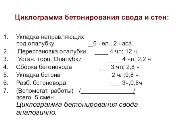 Циклограмма бетонирования свода и стен: Укладка направляющих под опалубку 6 чел.;