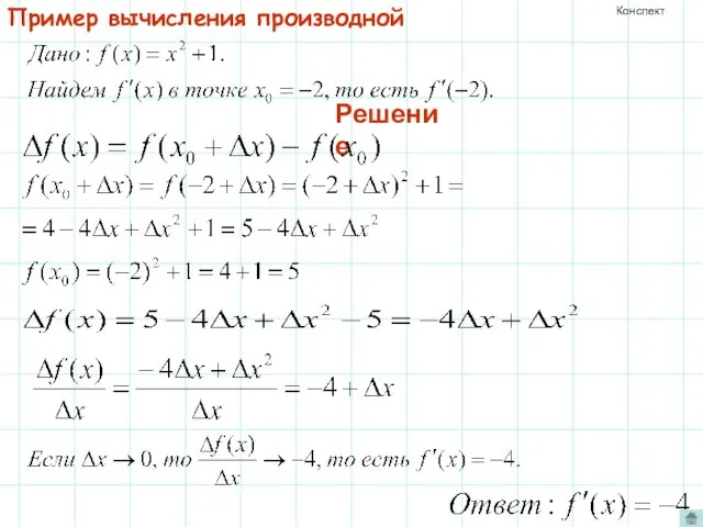 Пример вычисления производной Решение Конспект