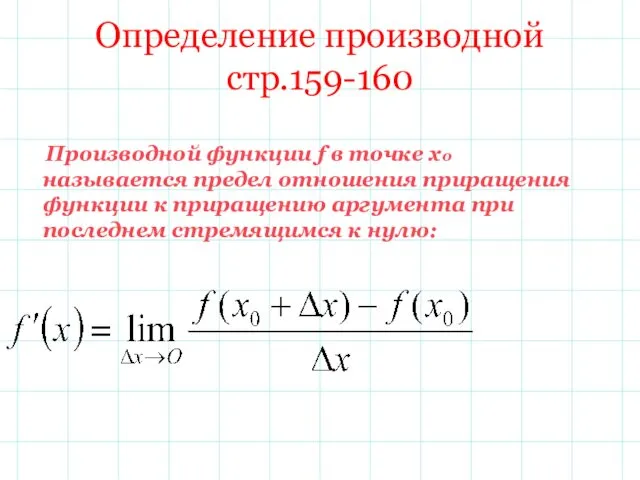 Определение производной стр.159-160 Производной функции f в точке х0 называется предел