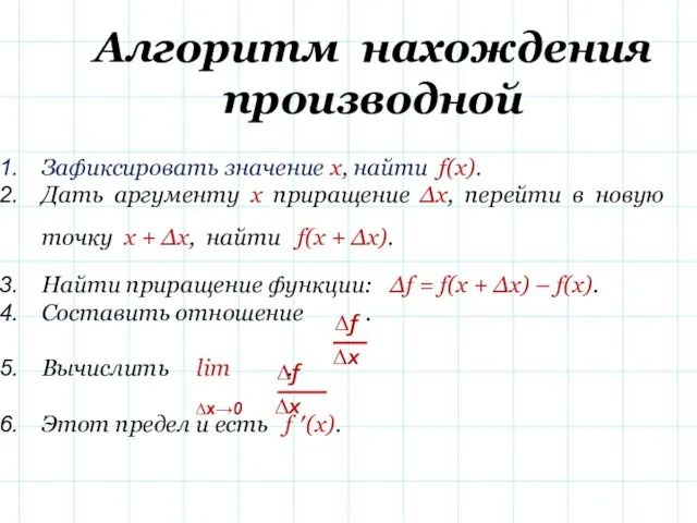 Зафиксировать значение х, найти f(x). Дать аргументу х приращение ∆х, перейти