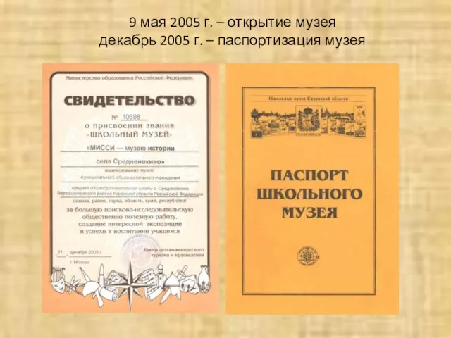 9 мая 2005 г. – открытие музея декабрь 2005 г. – паспортизация музея