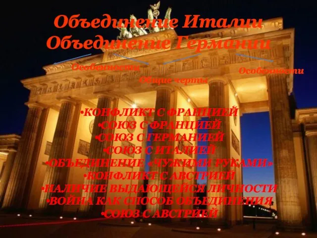 Объединение Италии Объединение Германии Особенности Общие черты Особенности КОНФЛИКТ С ФРАНЦИЕЙ