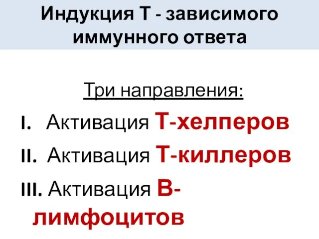 Индукция Т - зависимого иммунного ответа Три направления: I. Активация Т-хелперов