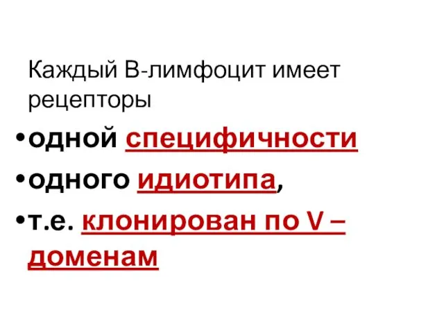 Каждый В-лимфоцит имеет рецепторы одной специфичности одного идиотипа, т.е. клонирован по V –доменам