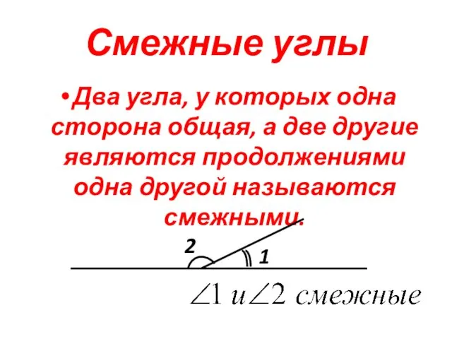 Смежные углы Два угла, у которых одна сторона общая, а две