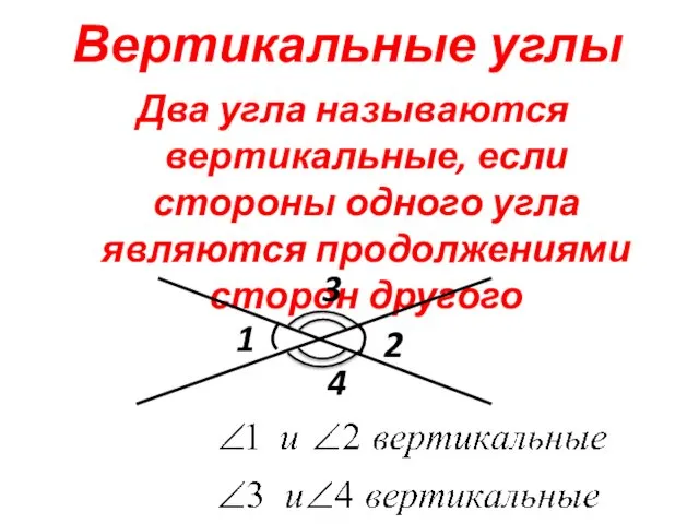 Вертикальные углы Два угла называются вертикальные, если стороны одного угла являются