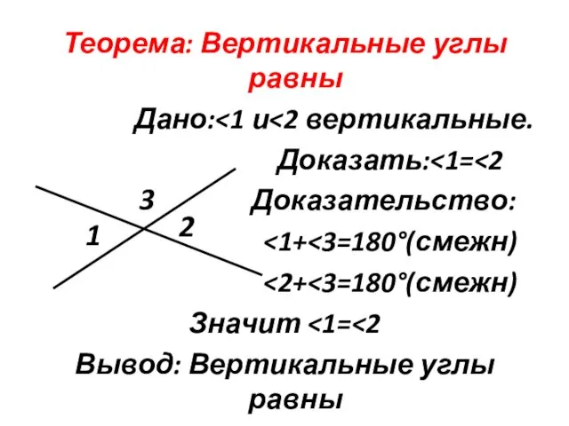 Теорема: Вертикальные углы равны Дано: Доказать: Доказательство: Значит Вывод: Вертикальные углы равны 1 2 3