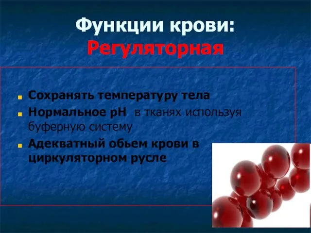 Функции крови: Регуляторная Сохранять температуру тела Нормальное pH в тканях используя