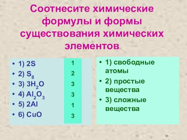 Соотнесите химические формулы и формы существования химических элементов 1) 2S 2)