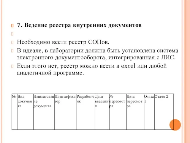 7. Ведение реестра внутренних документов Необходимо вести реестр СОПов. В идеале,