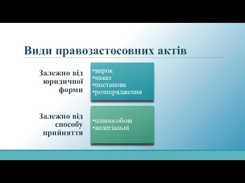 Види правозастосовних актів Залежно від юридичної форми вирок наказ постанова розпорядження