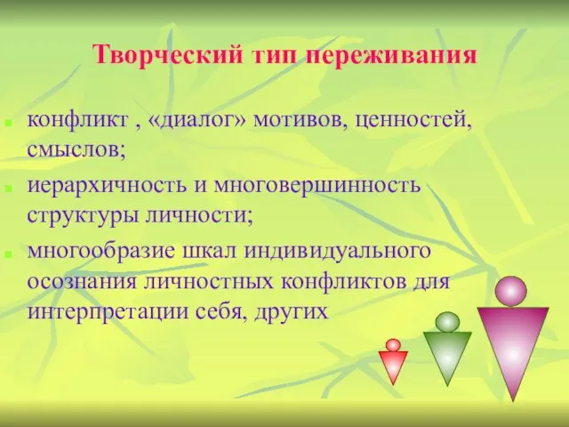 Творческий тип переживания конфликт , «диалог» мотивов, ценностей, смыслов; иерархичность и