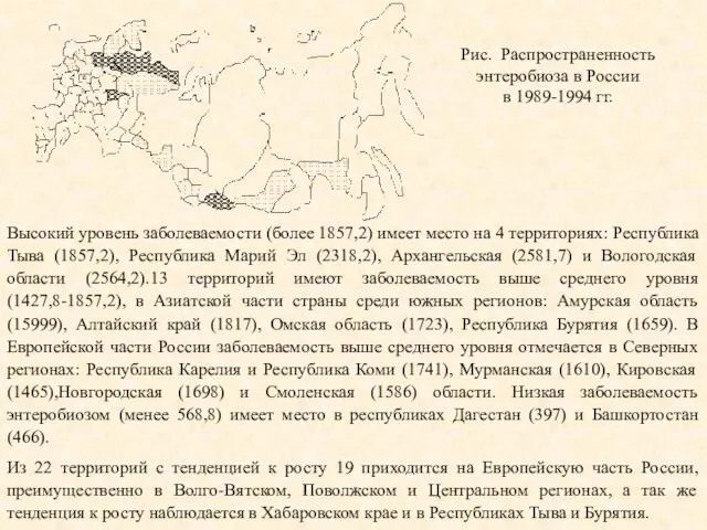 Рис. Распространенность энтеробиоза в России в 1989-1994 гг. Высокий уровень заболеваемости