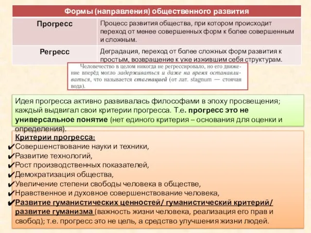 Критерии прогресса: Совершенствование науки и техники, Развитие технологий, Рост производственных показателей,