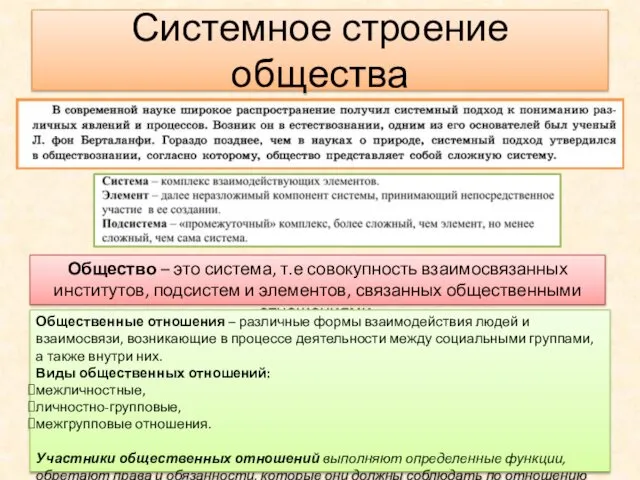 Системное строение общества Общество – это система, т.е совокупность взаимосвязанных институтов,