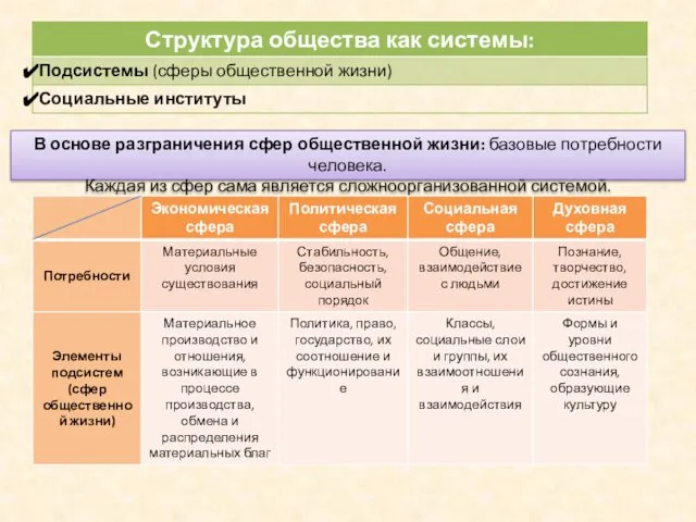 В основе разграничения сфер общественной жизни: базовые потребности человека. Каждая из сфер сама является сложноорганизованной системой.