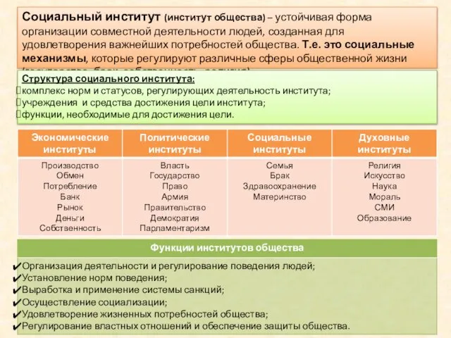 Социальный институт (институт общества) – устойчивая форма организации совместной деятельности людей,