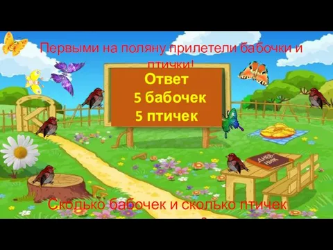 Первыми на поляну прилетели бабочки и птички! Сколько бабочек и сколько