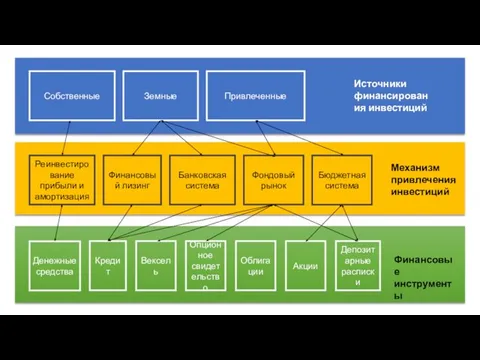 Собственные Земные Привлеченные Источники финансирования инвестиций Реинвестирование прибыли и амортизация Финансовый