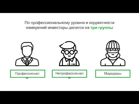 По профессиональному уровню и корректности намерений инвесторы делятся на три группы Профессионалы Непрофессионалы Мародеры