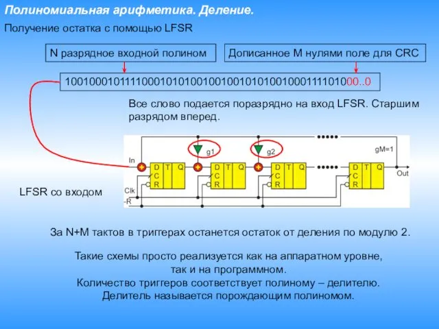 Полиномиальная арифметика. Деление. Получение остатка с помощью LFSR Такие схемы просто