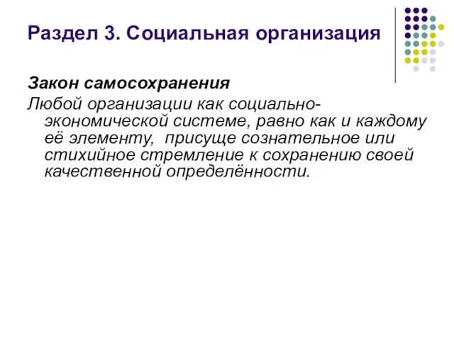 Раздел 3. Социальная организация Закон самосохранения Любой организации как социально-экономической системе,