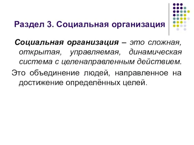 Раздел 3. Социальная организация Социальная организация – это сложная, открытая, управляемая,