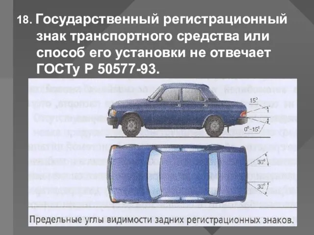 18. Государственный регистрационный знак транспортного средства или способ его установки не отвечает ГОСТу Р 50577-93.