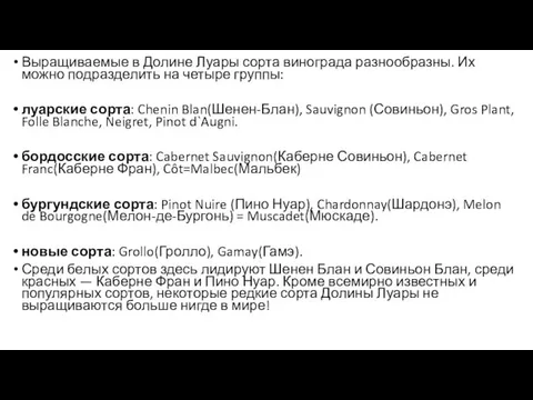 Выращиваемые в Долине Луары сорта винограда разнообразны. Их можно подразделить на