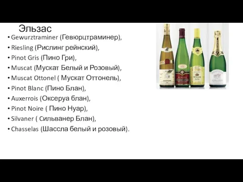 Эльзас Gewurztraminer (Гевюрцтраминер), Riesling (Рислинг рейнский), Pinot Gris (Пино Гри), Muscat