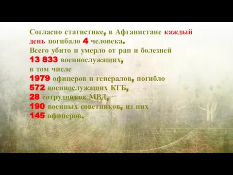 Согласно статистике, в Афганистане каждый день погибало 4 человека. Всего убито