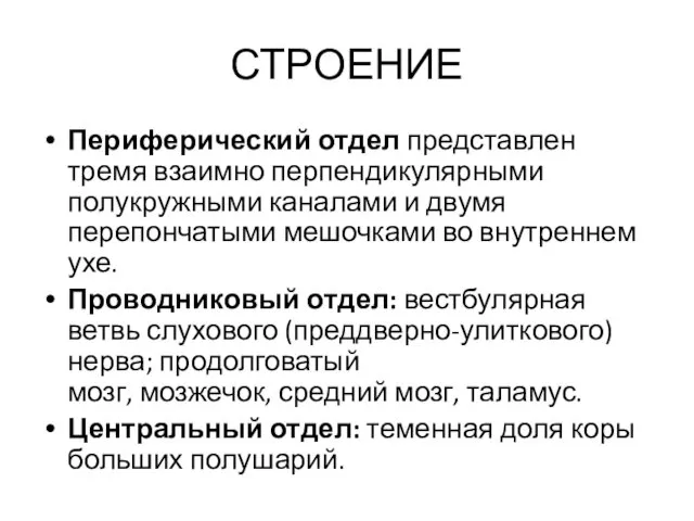 СТРОЕНИЕ Периферический отдел представлен тремя взаимно перпендикулярными полукружными каналами и двумя