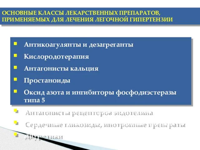 ОСНОВНЫЕ КЛАССЫ ЛЕКАРСТВЕННЫХ ПРЕПАРАТОВ, ПРИМЕНЯЕМЫХ ДЛЯ ЛЕЧЕНИЯ ЛЕГОЧНОЙ ГИПЕРТЕНЗИИ Антикоагулянты и