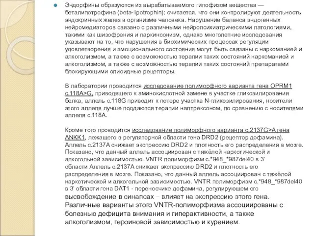 Эндорфины образуются из вырабатываемого гипофизом вещества — беталипотрофина (beta-lipotrophin); считается, что