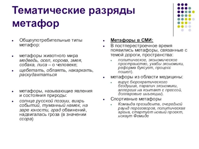 Тематические разряды метафор Общеупотребительные типы метафор: метафоры животного мира медведь, осел,