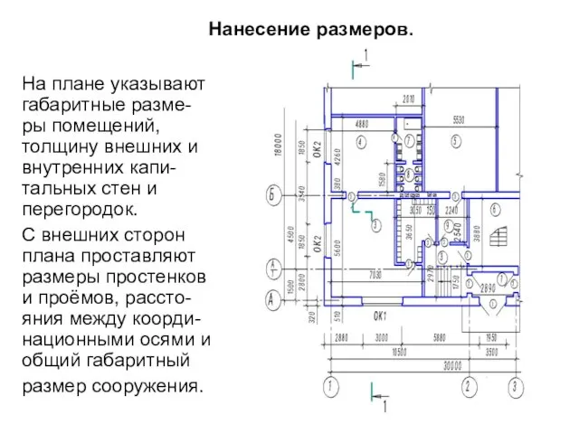 На плане указывают габаритные разме-ры помещений, толщину внешних и внутренних капи-тальных