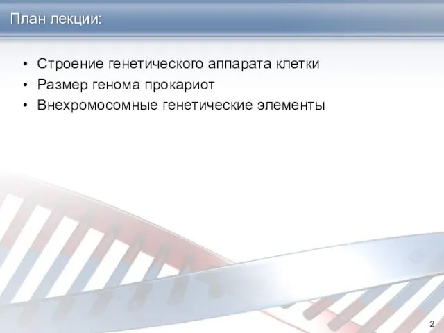 План лекции: Строение генетического аппарата клетки Размер генома прокариот Внехромосомные генетические элементы