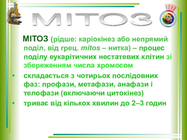 МІТОЗ (рідше: каріокінез або непрямий поділ, від грец. mitos – нитка)