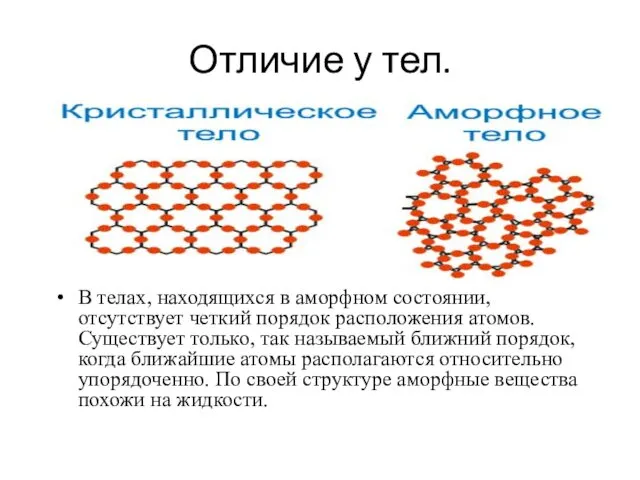 Отличие у тел. В телах, находящихся в аморфном состоянии, отсутствует четкий