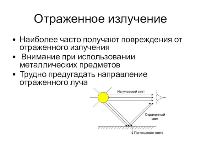 Отраженное излучение Наиболее часто получают повреждения от отраженного излучения Внимание при