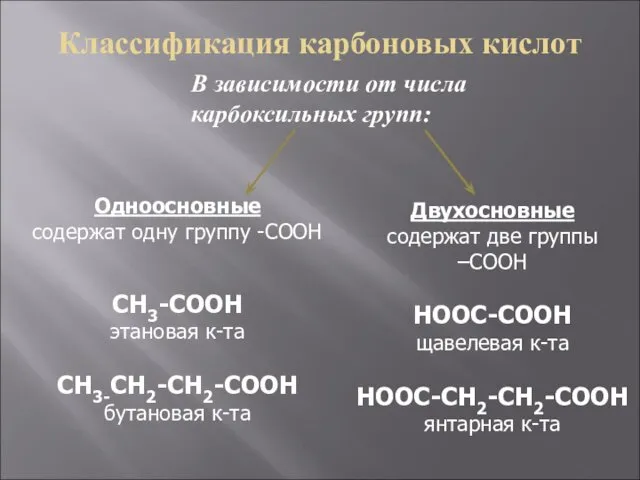 Классификация карбоновых кислот В зависимости от числа карбоксильных групп: Одноосновные содержат